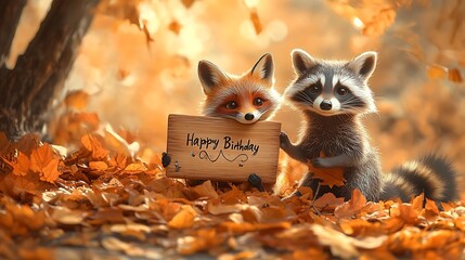 A cozy autumn setting with a fox and a raccoon sitting on a bed of fallen leaves, holding a charming wooden "Happy Birthday" board, golden orange hues filling the scene, warm and nostalgic atmosphere,