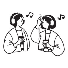 Two women holding paper cups of coffee and enjoying music from headphones with hand drawn vector illustrations. Doodle style isolated and easy to use for creative projects and designs.
