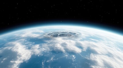 Fototapeta premium Orbital ring structure above Earth. Vast ring-shaped, metallic structure encircles the planet. Vast, detailed, aerial view