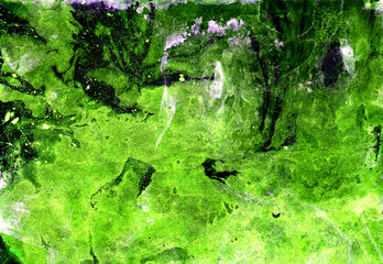 Abstract background with different textures and chaotic spots. Different shades of green color. Black, purple, blue, yellow and white spots, dots. Gradient from dark to light, top to bottom. Bright.