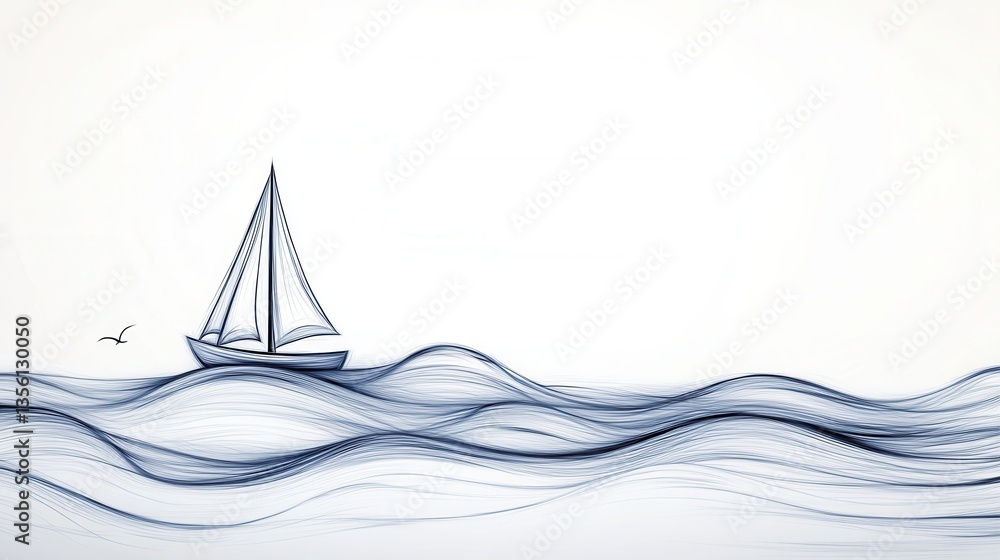 Poster elegant minimalist illustration of a sailboat floating on gentle waves with smooth flowing lines and
