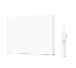 Clear glass ampoules with paperboard box mockup. Vector illustration isolated on white background. Can be use for pharmacy, cosmetic and other. Ready for your design. EPS10.