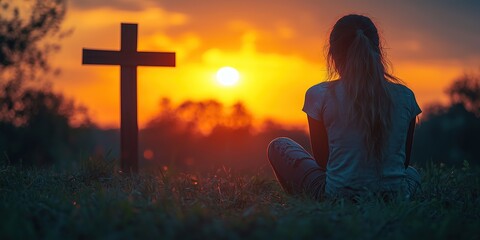 ai generated image of a woman praying in front of a cross