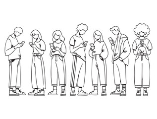 Man and woman standing holding mobile phone in hand with hand drawn vector illustration. Doodle style isolated and easy to use for creative projects and designs.