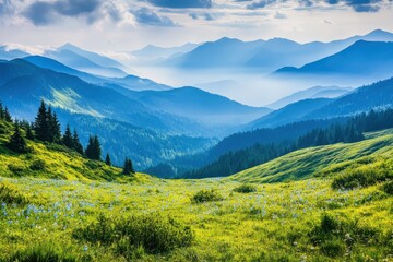 Fototapeta premium breathtaking panorama of morning wild nature high in mountains