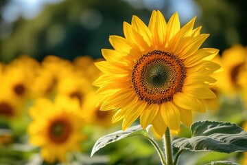 Obraz premium Vibrant sunflower in a blooming field during sunny day in summer season