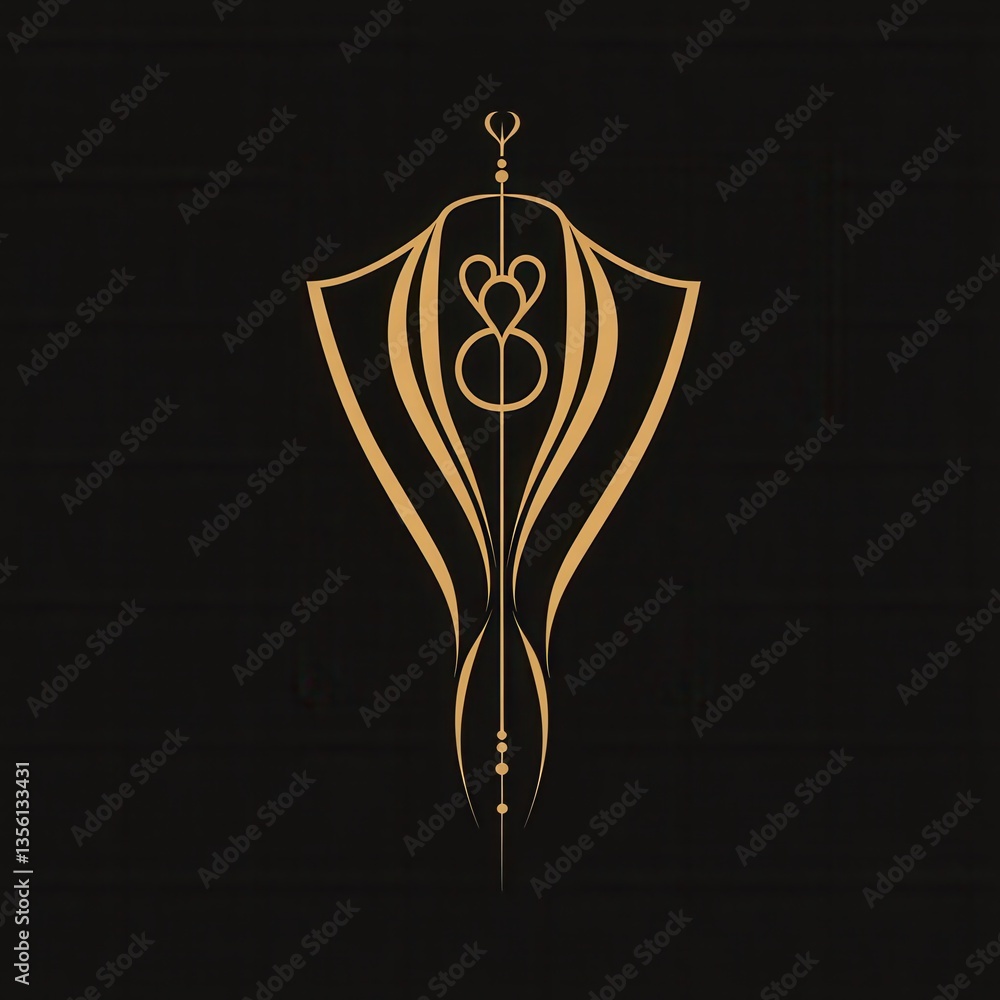 Poster elegant and artistic design of a decorative golden shape featuring spirals and curves with a black b