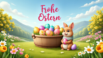 Eine wunderschöne Frühlingslandschaft mit bunten Blumen und saftig grünem Gras. In der Mitte ein großer Korb voller bunter Ostereier.  Schrift auf deutsch "Frohe Ostern". KI Generated