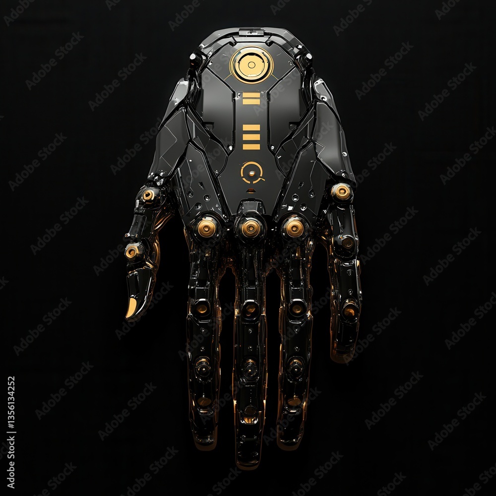 Poster futuristic robotic hand design with glossy black and gold elements showcasing advanced technology an