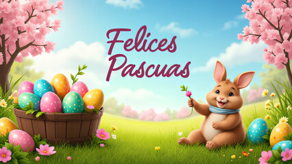 Eine wunderschöne Frühlingslandschaft mit bunten Blumen und saftig grünem Gras. In der Mitte ein großer Korb voller bunter Ostereier. Auf Spanisch steht " Felices Pascuas" . KI Generated