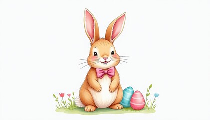 Obraz premium Cute Watercolor Easter Bunny with Pink Bow Tie and Eggs on Grass