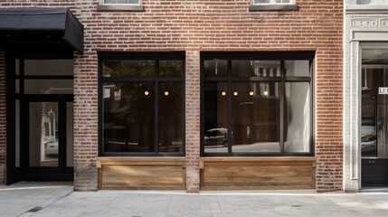 Fototapeta premium Modern Brick Building with Large Black Windows and Wooden Accents - Commercial Real Estate