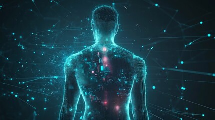 Futuristic Human with Glowing Digital Implants and Cybernetic Enhancements