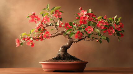 Artistic bonsai tree with vibrant red flowers in a gradient background