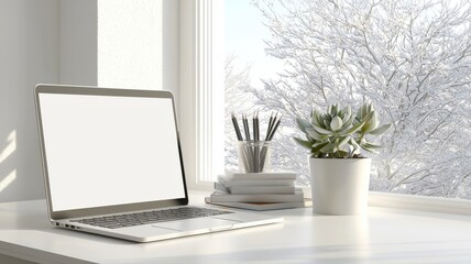 Fototapeta premium Cozy winter workspace with a laptop, potted plant, and stationary by the window, creating a serene atmosphere.