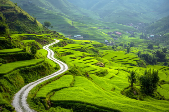 Winding road through terraced rice fields, capturing the beauty of a lush green landscape, and inviting viewers to explore the vibrant scenery.