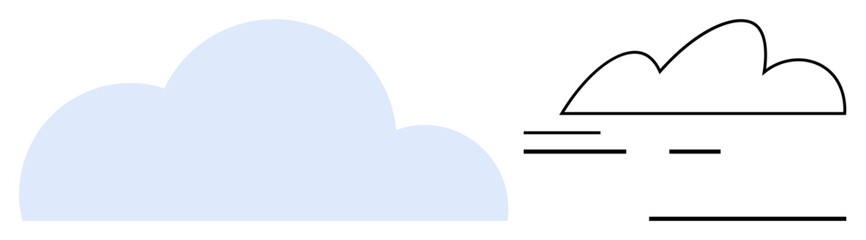 Two cloud forms, one filled and static, the other outlined with motion lines. Ideal for weather, speed, communication, technology, environment storage creativity themes. Flat simple metaphor