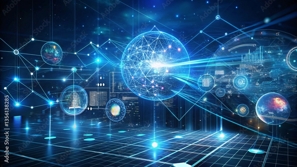 Aufkleber digital world: a stunning digital depiction of interconnected networks and data visualization, illus