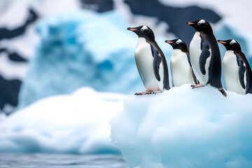 Naklejka premium Penguins huddled together on an iceberg in their natural habitat, gazing outwards with majestic icebergs and snowy mountains in the background, showcasing the beauty of the Antarctic
