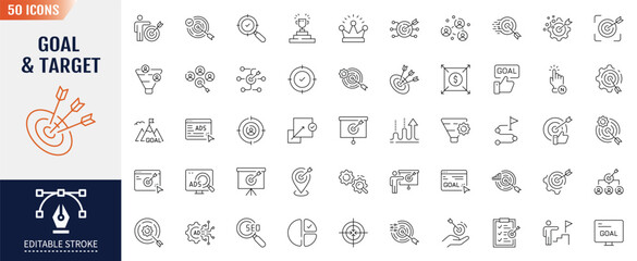 Target and goal line icon. Editable stroke. Containing Leadership, Motivation, Goal, Career, Mountain Peak, Award, Winning and more. Vector illustration