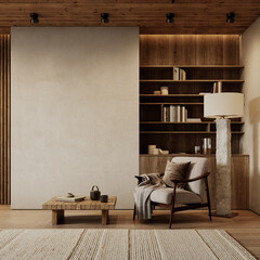 Contemporary loft interior with armchair, coffee table, carpet, floor lamp, shelves, wood ceiling and floor. 3d render illustration mockup.
