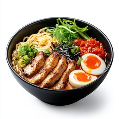 Delicious bowl of ramen topped with grilled chicken, soft-boiled eggs, and fresh vegetables.