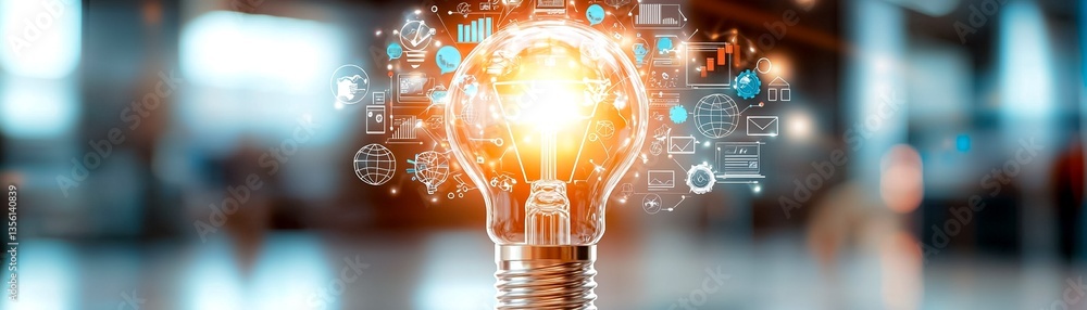Poster illuminated light bulb with dynamic graphics representing innovation and creativity in a modern work