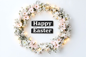 Festive easter wreath composed of delicate flowers, and decorative accents, capturing the spirit of spring and renewal against a soft, inviting backdrop