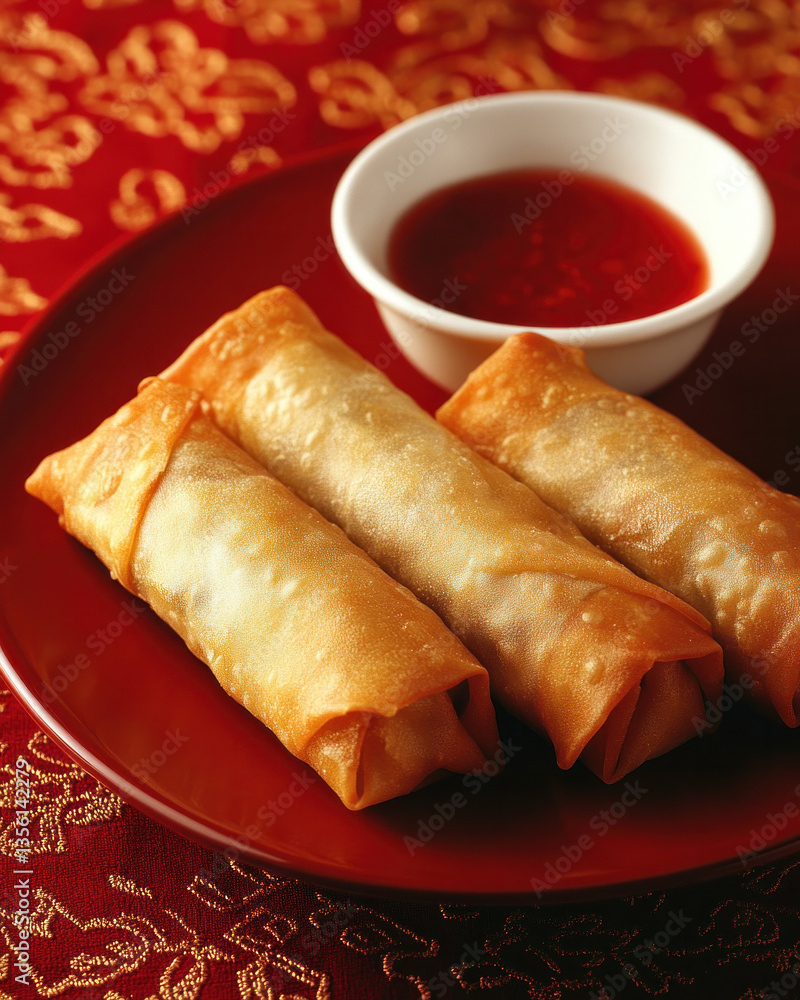 Poster three dumplings are on a red plate with a white bowl of sauce. the plate is set on a table with a re