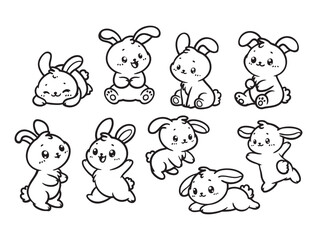 Set of cute rabbits in various poses with hand-drawn vector illustrations. Doodle line art style, isolated and easy to use for creative projects and designs.