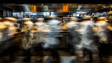 Busy chefs work in a professional restaurant kitchen blurred motion