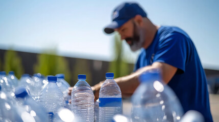 Volunteer distributing bottled water to community members during a sunny outdoor event in a park setting