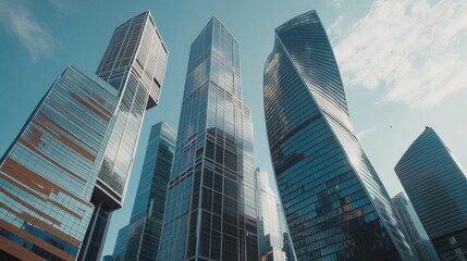 Obraz premium Modern skyscrapers rise against a clear blue sky