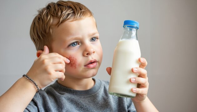 Young boy with allergic reaction expressing concern while holding a bottle of milk