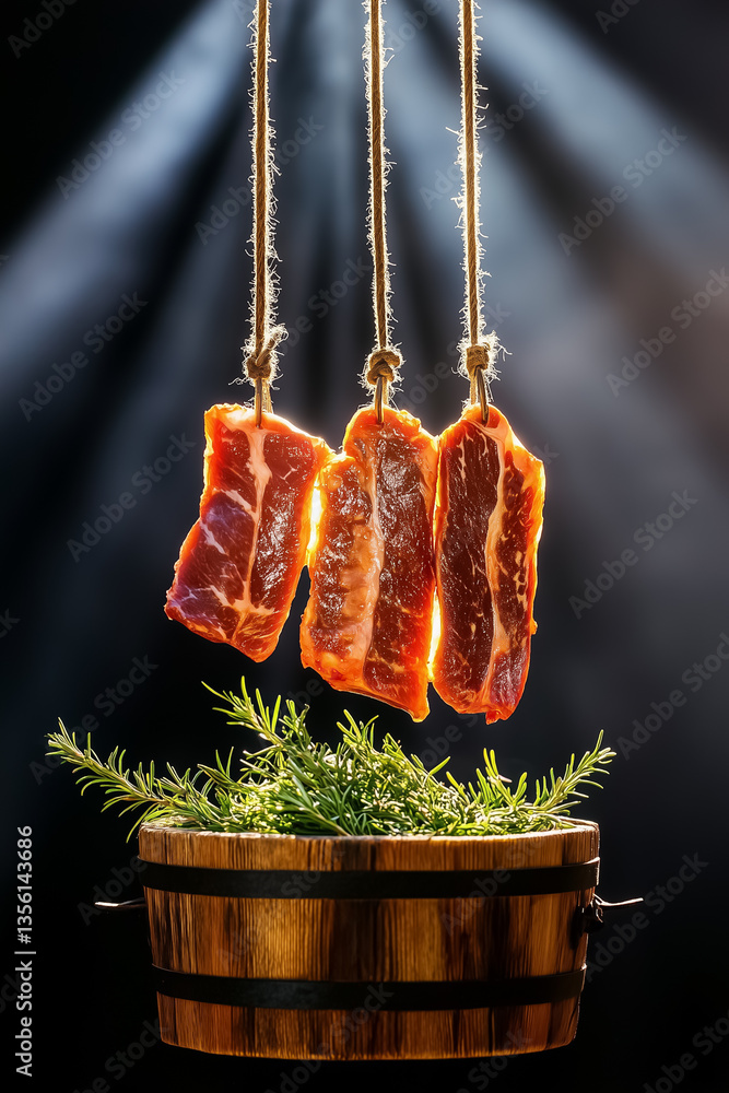 Poster chunks of meat suspended from ropes above vibrant herbs, creating an inviting culinary setup. warm l