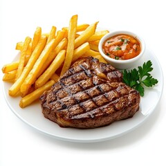 Delicious grilled steak with crispy fries and tangy sauce on a white plate.