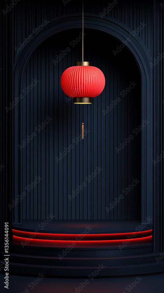 Poster a red lantern hangs from the ceiling above a black door. the lantern is the only source of light in 