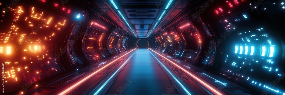 Poster futuristic sci-fi corridor with neon lights and high-tech walls in an impressive space setting for s