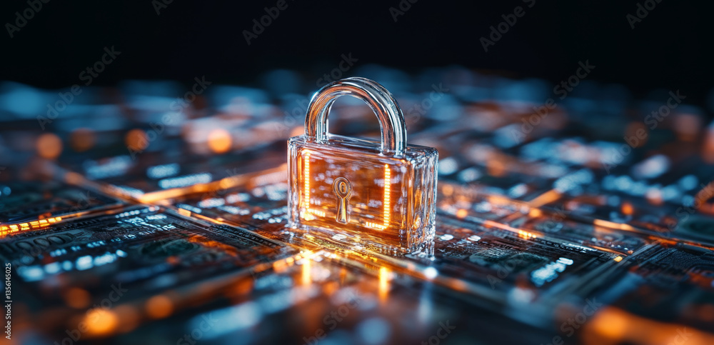 Poster a transparent lock stands out against a background of scattered banknotes, highlighting the importan