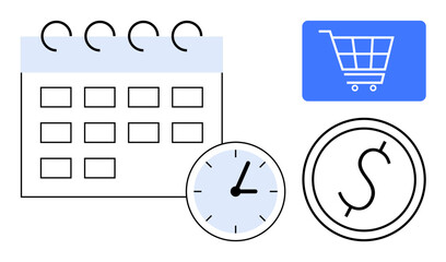 Calendar with date squares, clock indicating time, shopping cart, and dollar coin symbolizing time planning, budgeting, online shopping, and financial management. Ideal for schedules, e-commerce