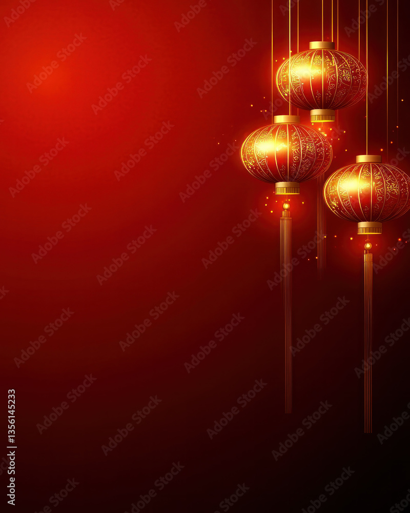 Poster a red background with three gold lanterns hanging from the ceiling. the lanterns are arranged in a w