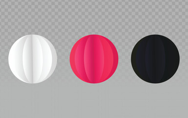 Three textured spheres, white, pink, black. Digital balls, ribbed surface design. Simple geometric shapes, contrasting colors.