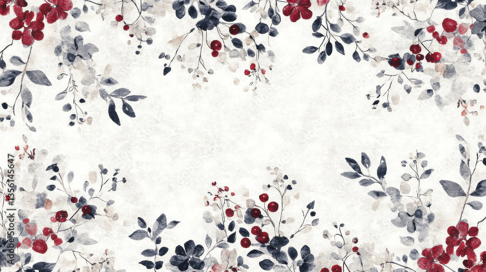 Poster a white background with a flowery pattern and red berries. the flowers are in various sizes and are 
