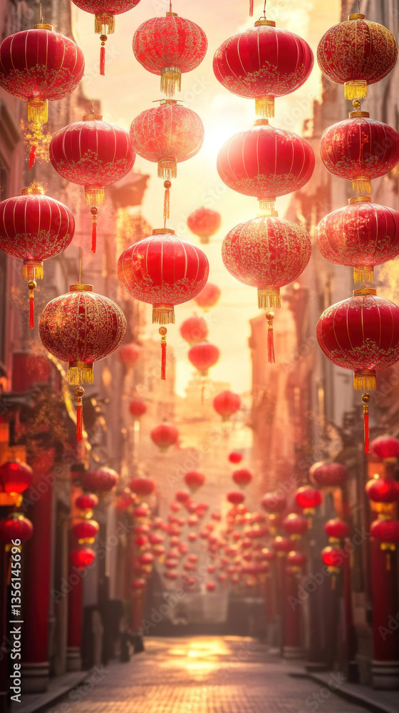 Poster a long red street with many red lanterns hanging from the ceiling. the lanterns are hanging in a row