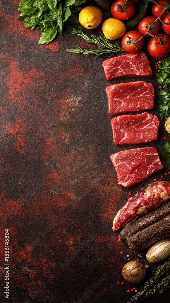 Poster a close up of meat and vegetables on a table. the meat is cut into pieces and the vegetables are cho