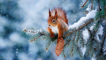 red squirrel on spruce branch looking at delicious cone winter forest with snowy trees and snowfall