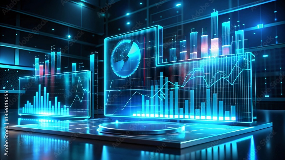 Poster data visuals: a high-tech representation of financial data, displayed as a hologram, symbolizing the