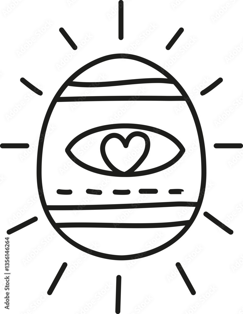 Poster boho groovy easter egg drawing of a stylized egg with a heart and rays of light. in doodlecolor styl