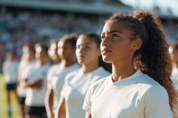 Female rugby players standing in formation on field