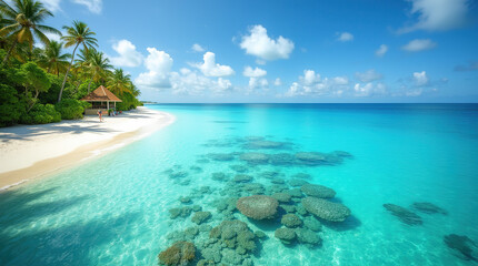 A breathtaking view of turquoise waters, coral reefs below, white sandy beaches, and lush greenery, capturing the serene beauty of a tropical paradise for travel promos.